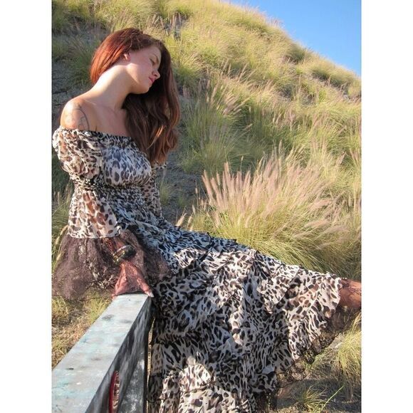 Marrika Nakk Silk Chiffon Leopard Peasant Top and Tiered Skirt Set Brown Size S